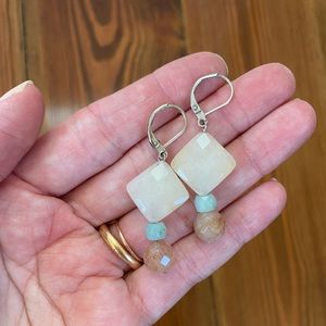 Glass Bead Drop Earrings - Teal, Cream & Taupe